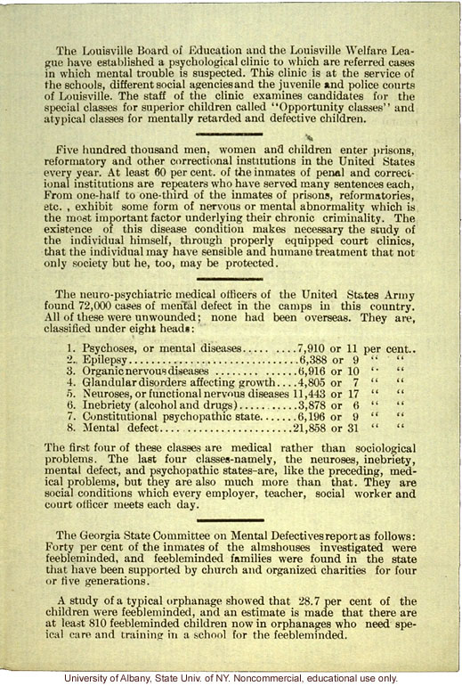 &quote;Indiana Society for Mental Hygiene Bulletin No. 7&quote; (July 1920), statistics on mental illness and feeblemindedness in institutions around the U.S.