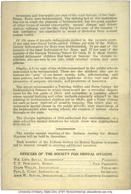 &quote;Indiana Society for Mental Hygiene Bulletin No. 7&quote; (July 1920), statistics on mental illness and feeblemindedness in institutions around the U.S.