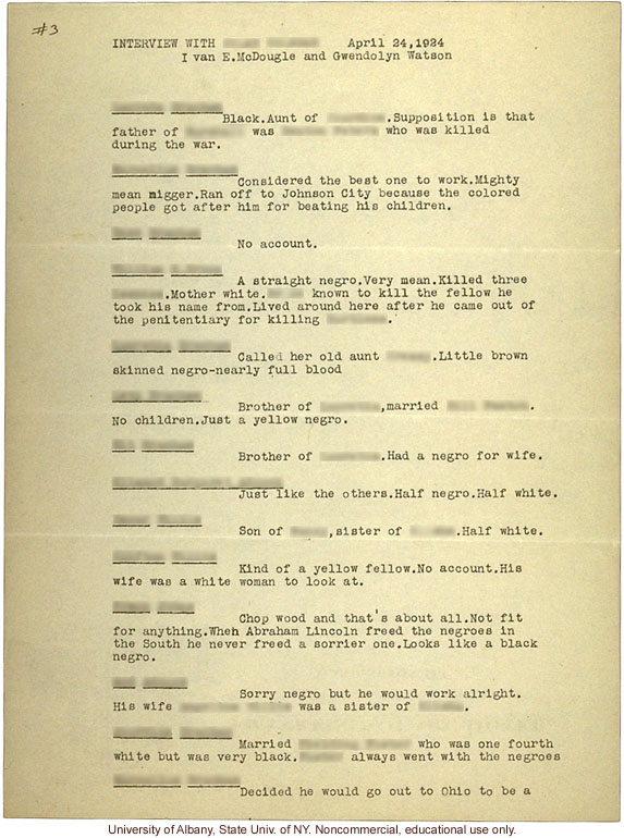 Interview on race mixing for <i>Mongrel Virginians</i>, by Ivan McDougle and Gwendolyn Watson (April 24, 1924)