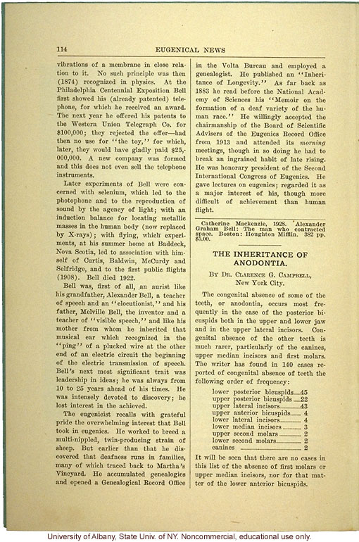 &quote;Alexander Graham Bell as Chairman of the Board of Scientific Directors of the Eugenics Record Office,&quote; Eugenical News (vol. 14:8)