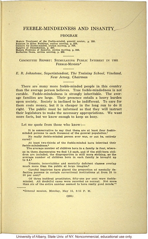 &quote;Stimulating Public Interest in the Feeble-Minded,&quote; by E.R. Johnstone (address to the National Conferenceof Charities and Correction, 1916)