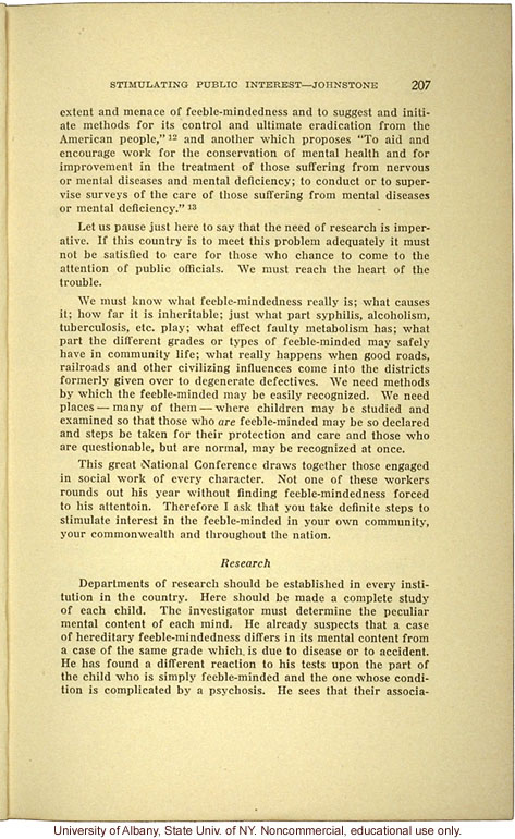 &quote;Stimulating Public Interest in the Feeble-Minded,&quote; by E.R. Johnstone (address to the National Conferenceof Charities and Correction, 1916)