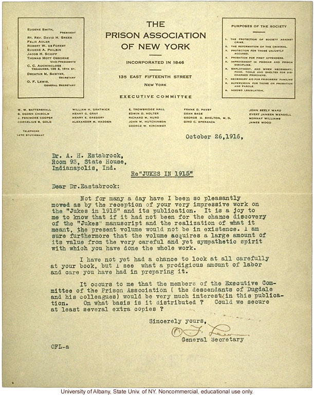 O.F. Lewis (NY Prison Association) letter to A.H. Estabrook, congratulating him on the publication of The Jukes in 1915 (10/26/1916)