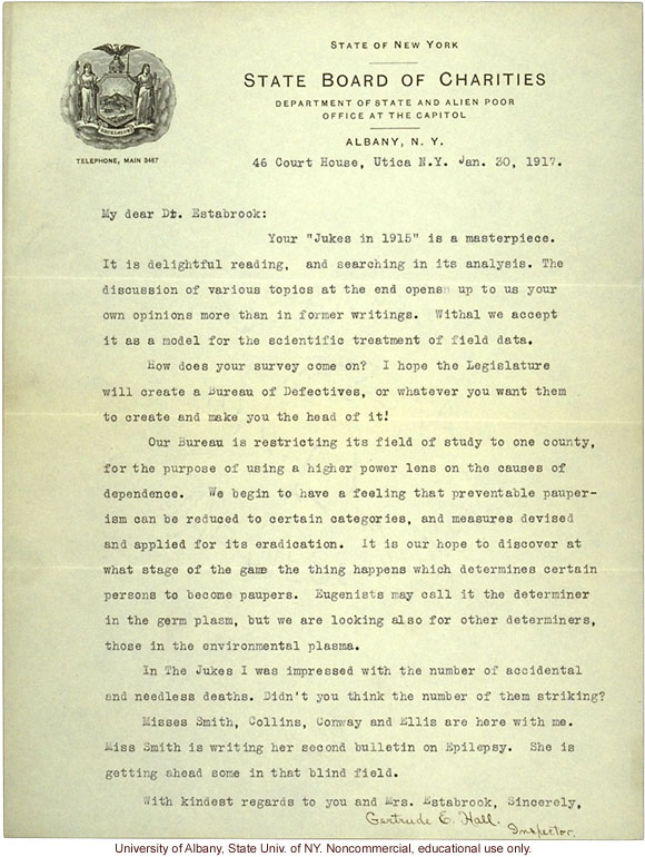 G. Hall (NY State Board of Charities) letter to A.H. Estabrook, about The Jukes in 1915 and genetic vs. environmental causes of pauperism (1/30/1917)