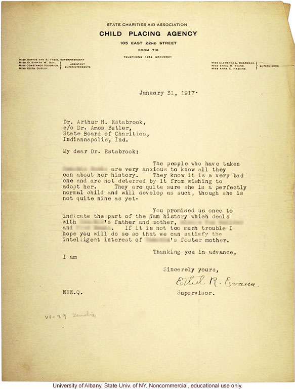 E.R. Evans (Child Placing Agency) letter to A. Estabrook, about the Nam lineage of an adopted child (1/31/1917)