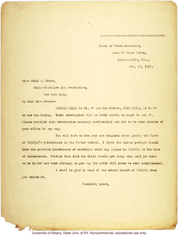 A. Estabrook response to E.R. Evans, about the &quote;possible inheritance of eroticism&quote; in adopted child VI 89 of the Nam lineage (2/17/1917)