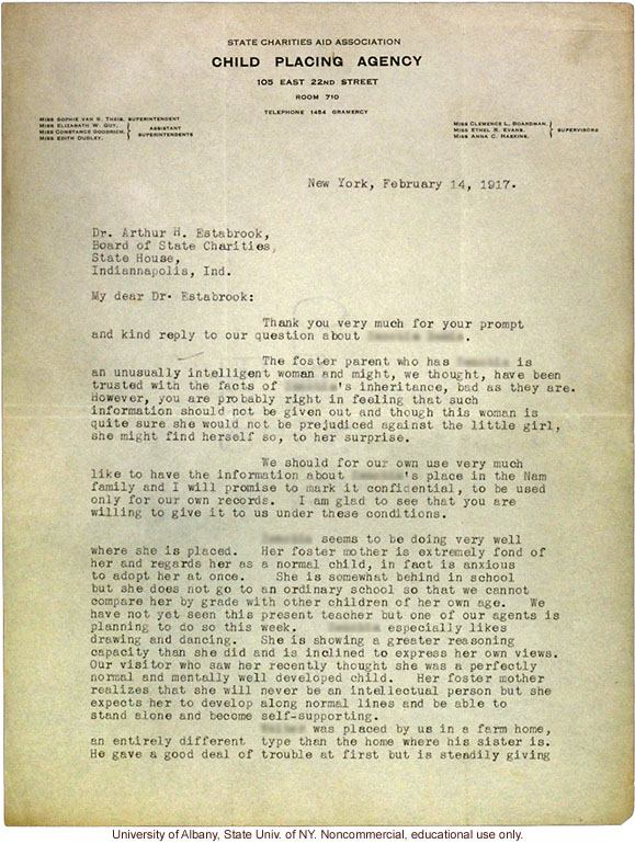 E.R. Evans letter to A. Estabrook, providing information about the Nam family child placed in foster care (2/14/1917)