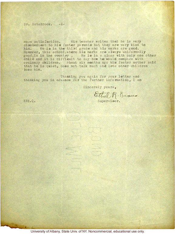 E.R. Evans letter to A. Estabrook, providing information about the Nam family child placed in foster care (2/14/1917)
