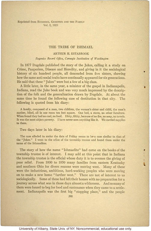 &quote;The Tribe of Ishmael,&quote; by Arthur H. Estabrook, in Eugenics, Genetics and the Family (vol. 1)