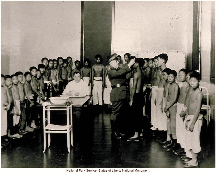 South Pacific immigrants being examined by a doctor at Ellis Island