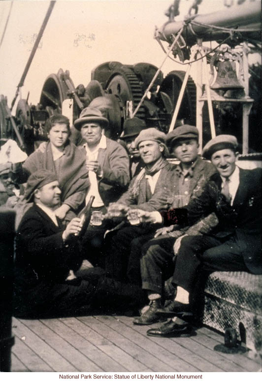 Natives from Carpineto Romano, Italy, celebrating their arrival in the United States aboard the Christopher Columbus