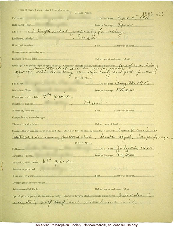 &quote;Large family&quote; winner, Fitter Families Contest, Eastern States Exposition, Springfield, MA (1925): Abridged record of family traits