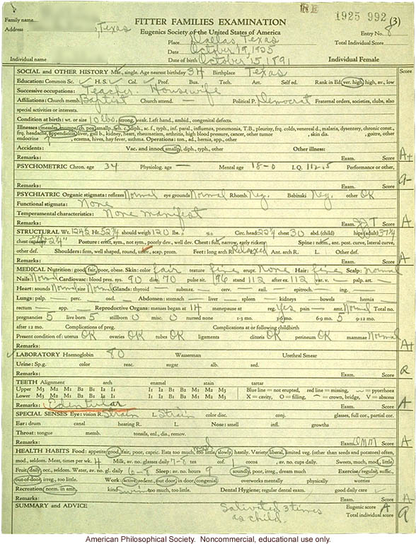 &quote;Large family&quote; winner, Fitter Families Contest, Texas State Fair (1925): individual examinations