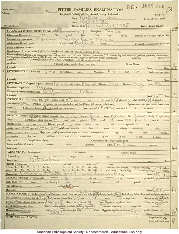 &quote;Large family&quote; winner, Fitter Families Contest, Texas State Fair (1925): individual examinations