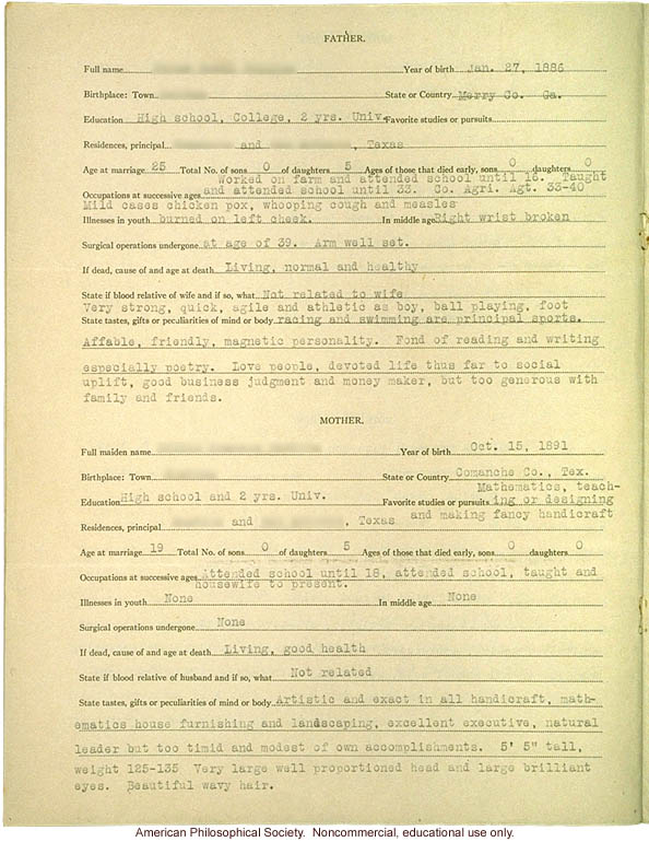 &quote;Large family&quote; winner, Fitter Families Contest, Texas State Fair (1925): Abridged record of family traits