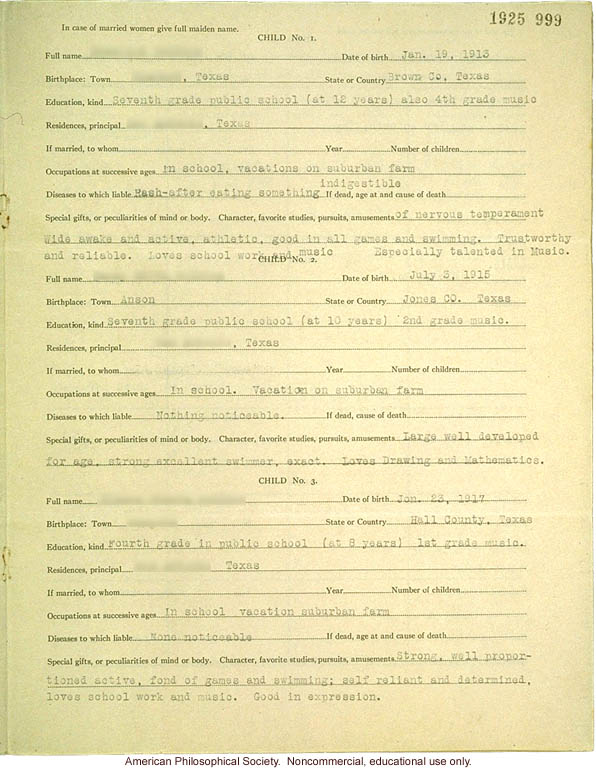 &quote;Large family&quote; winner, Fitter Families Contest, Texas State Fair (1925): Abridged record of family traits