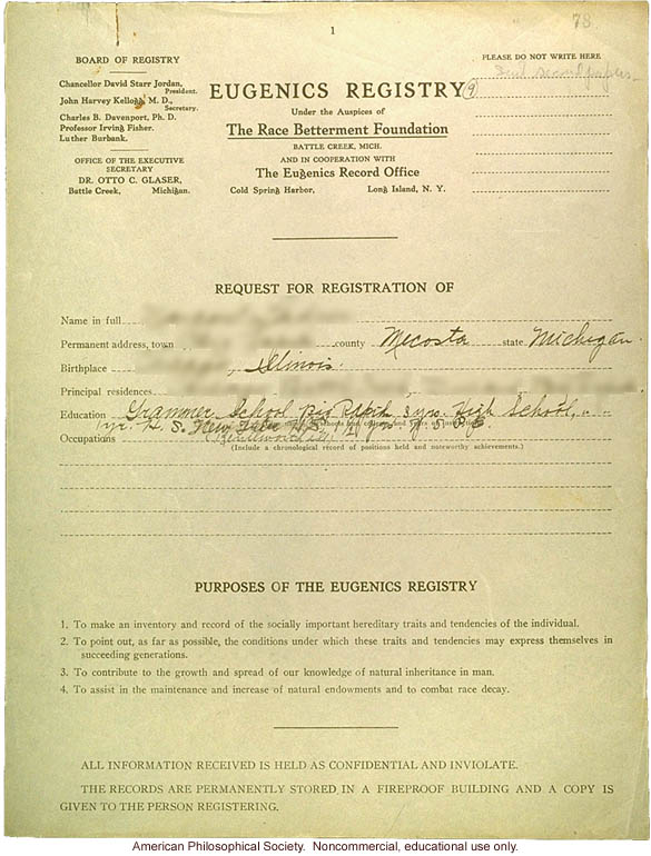 Eugenics registry of the Race Betterment Foundation, Battle Creek, MI