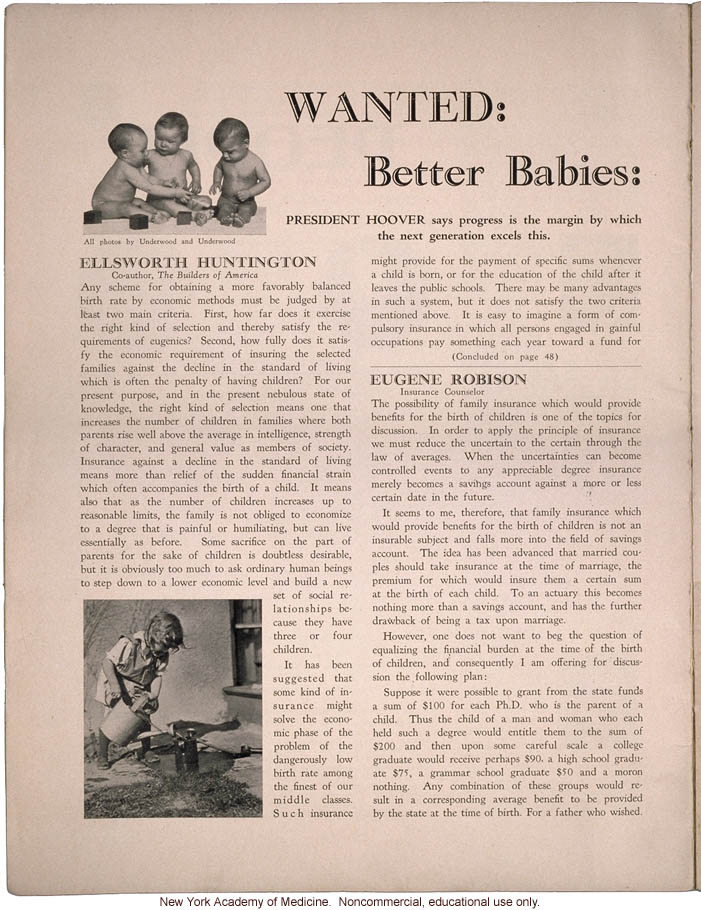 &quote;Wanted: Better Babies: How Shall We Get Them?&quote;  by Ellsworth Huntington, Eugene Robison, Ray Erwin Baber, and Maurice R. Davie, People (April 1931)