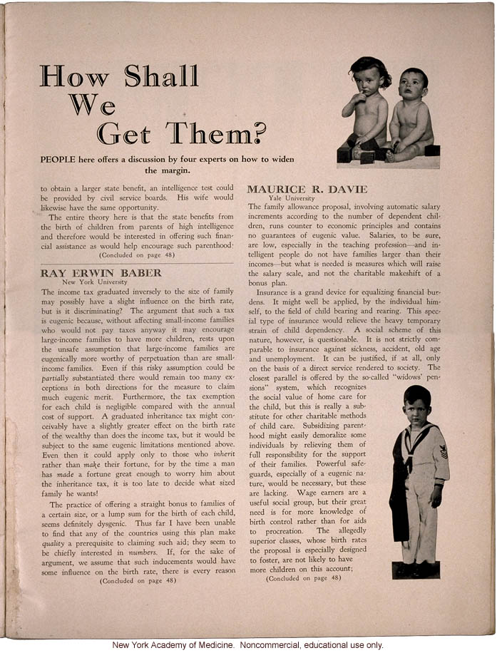 &quote;Wanted: Better Babies: How Shall We Get Them?&quote;  by Ellsworth Huntington, Eugene Robison, Ray Erwin Baber, and Maurice R. Davie, People (April 1931)