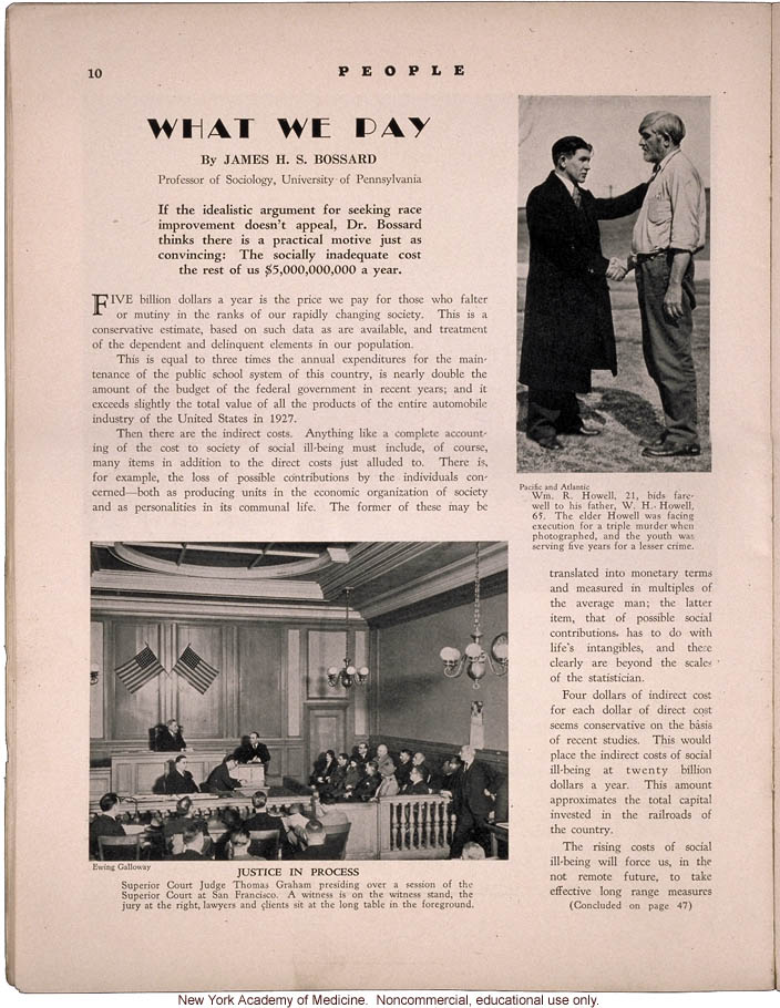 &quote;What We Pay,&quote; by James H.S. Bossard, People Magazine (April 1931), cost of the socially inadequate