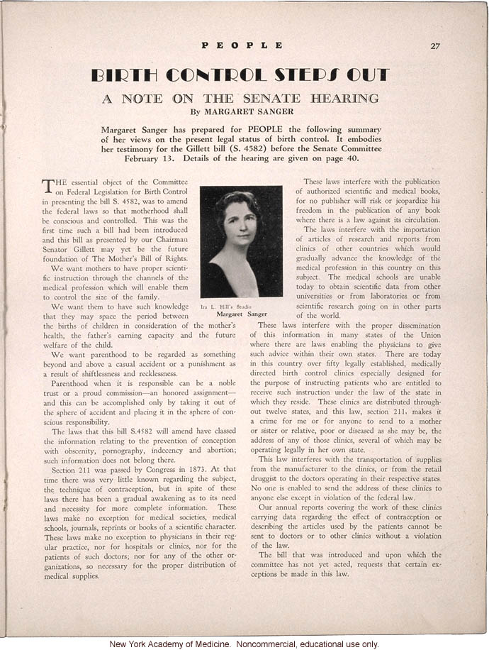 &quote;Birth Control Steps Out, A Note on the Senate Hearing,&quote; by Margaret Sanger, People (April 1931)