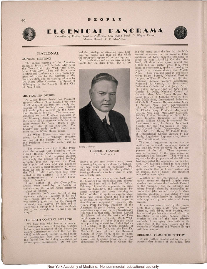 People (April 1931) news items: disputed quote by President Herbert Hoover, Senate tesitmony on birth control, use of eye color inheritance in courts