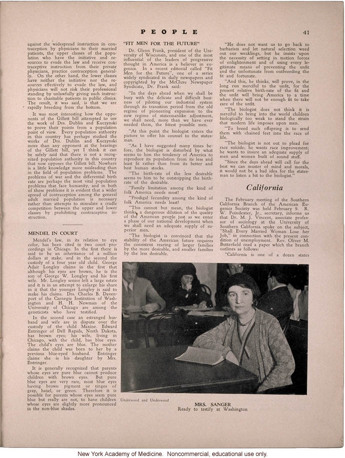 People (April 1931) news items: disputed quote by President Herbert Hoover, Senate tesitmony on birth control, use of eye color inheritance in courts