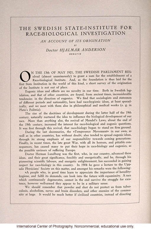 <i>The Swedish Nation</i>, &quote;The Swedish State-Institute for Race-Biological Investigation: An Account of its Origin&quote; by Hjalmar Anderson