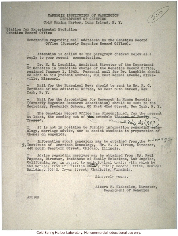 Albert F. Blakeslee memo about procedures for answering mail after closure of the Eugenics Record Office