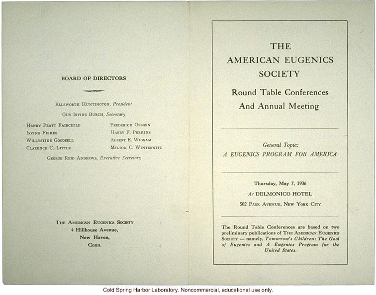 American Eugenics Society, program for  &quote;Round Table Conferences and Annual Meeting,&quote; New York, 1936