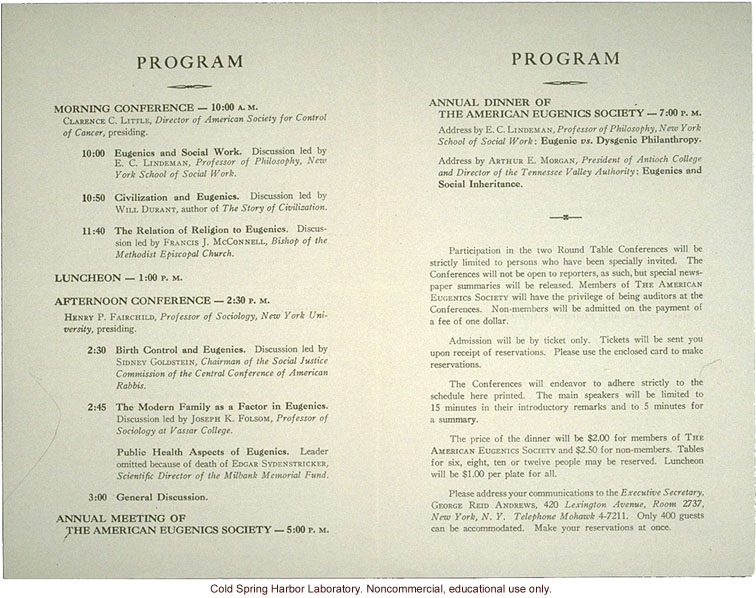 American Eugenics Society, program for  &quote;Round Table Conferences and Annual Meeting,&quote; New York, 1936