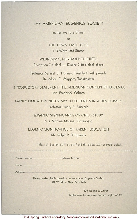 American Eugenics Society, dinner invitation, program including Albert Wiggam and Frederick Osborn, New York