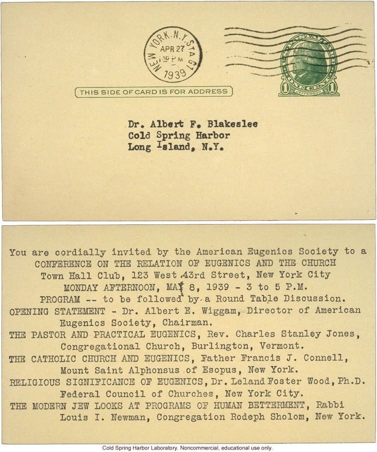 American Eugenics Society, invitation to &quote;Conference on the Relation of Eugenics and the Church,&quote; including Albert Wiggam, New York