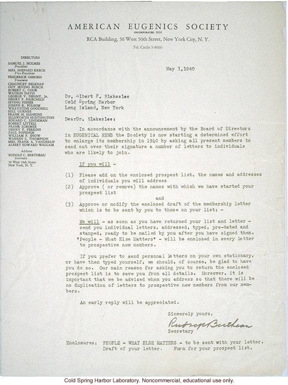 American Eugenics Society, membership drive materials (cover letter to Albert Blakeslee, prospect list, and form letter)