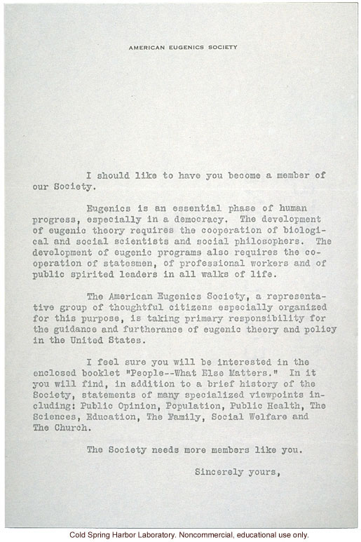 American Eugenics Society, membership drive materials (cover letter to Albert Blakeslee, prospect list, and form letter)