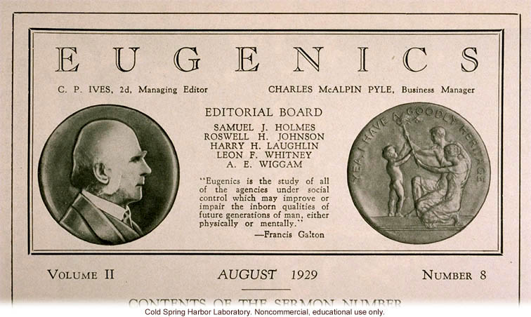 Eugenics: A Journal of Race Betterment (vol II:8), title page including Francis Galton's definition of eugenics and Fitter Families medal