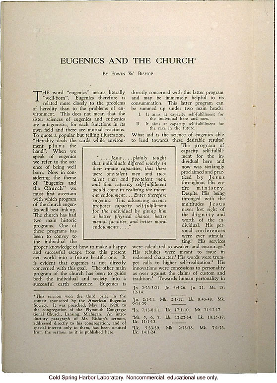 &quote;Eugenics and the Church,&quote; by Edwin Bishop, Eugenics: A Journal of Race Betterment (vol II:8)