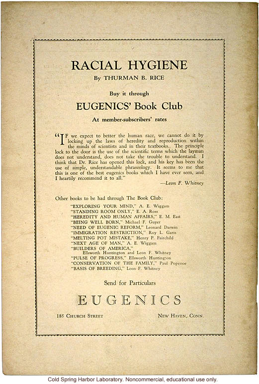 Advertisement for <i>Racial Hygiene</i>, for Eugenics' Book Club, Eugenics: A Journal of Race Betterment (vol II:8)
