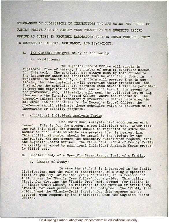 Eugenics Record Office memo to instructors about using ERO trait forms for "e;required laboratory work in biology, sociology, and psychology"e;