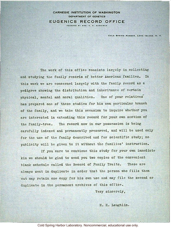 Harry H. Laughlin form letter requesting pedigree information from relatives of a family that had submitted a family study