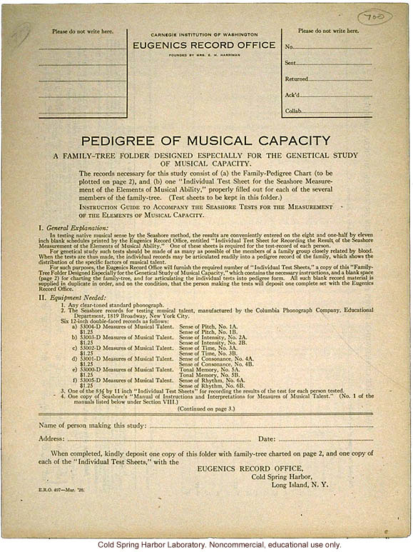 &quote;Pedigree of Musical Capacity,&quote; Eugenics Record Office form including instructions to test sense of pitch, intensity, time, consonance, tone, rhythm