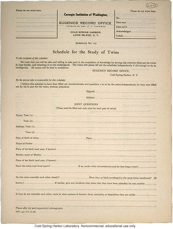 &quote;Schedule for the Study of Twins,&quote; Eugenics Record Office form