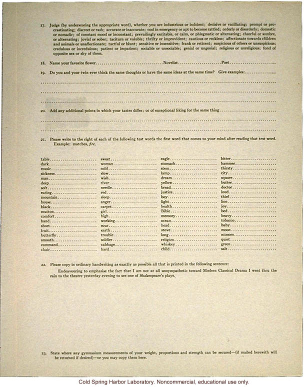 &quote;Schedule for the Study of Twins,&quote; Eugenics Record Office form