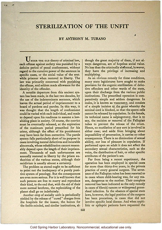 &quote;Sterilization of the Unfit&quote; by Anthony M. Turano, Forum (February 1934)