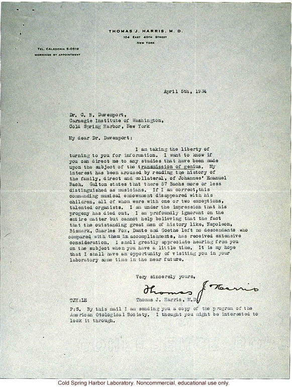 T.J. Harris letter to C.B. Davenport, about hereditary genius (4/5/1934)