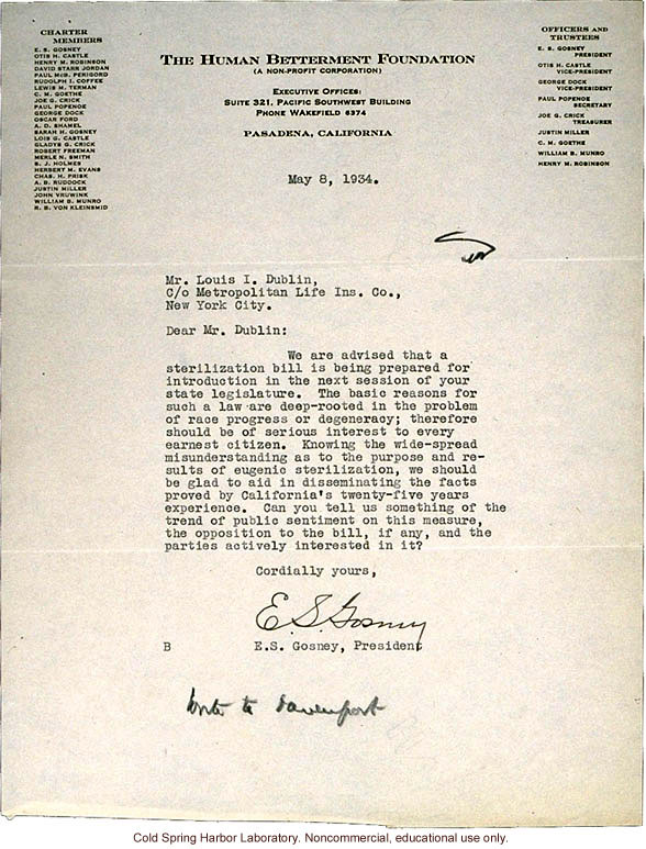 E.S. Gosney (Human Betterment Foundation) letter to L.I. Dublin (Metropolitan Life Insurance Company), about pending NY sterilization bill (5/8/1934)