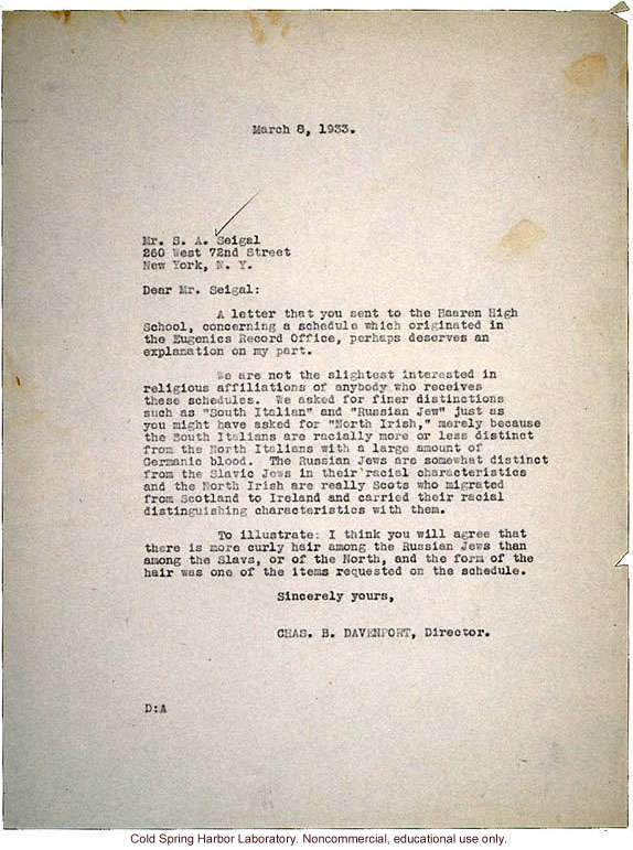 C.B. Davenport letter to S.A. Seigal (Haaren High School), about racial characteristics of various European groups (3/8/1933)