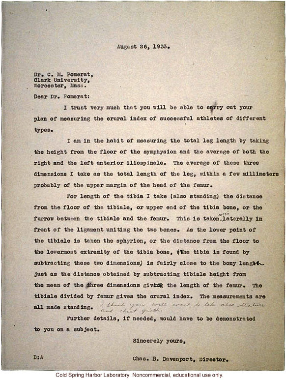 C.B. Davenport response to C.M. Pomerat, about measurements for a study of &quote;crural index&quote; (leg length) and athletic ability (8/26/1933)