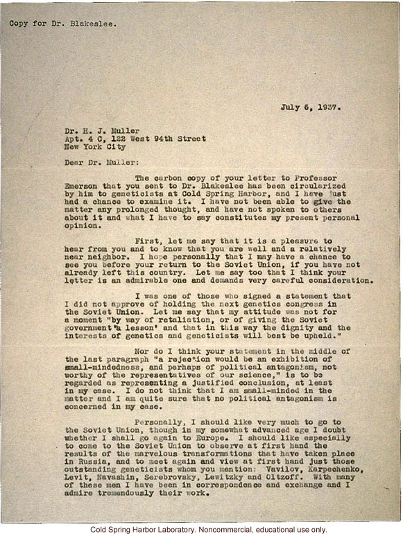 C.B. Davenport letter to H.J. Muller, about reasons against holding a genetics congress in Russia (7/6/1937)