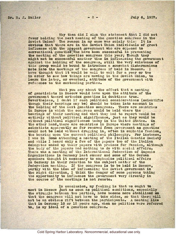 C.B. Davenport letter to H.J. Muller, about reasons against holding a genetics congress in Russia (7/6/1937)